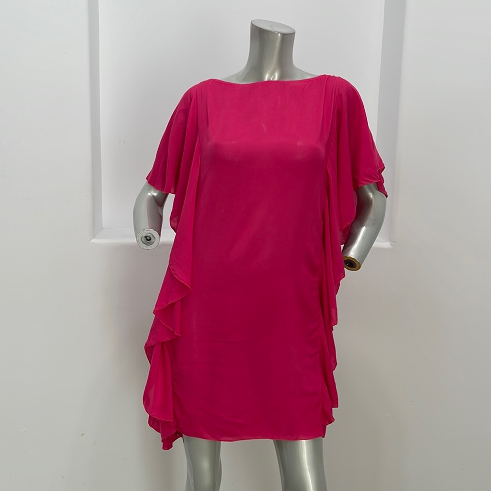Indah Ruffle Mini Dress Resort Beach Wear Hot Pink Size S